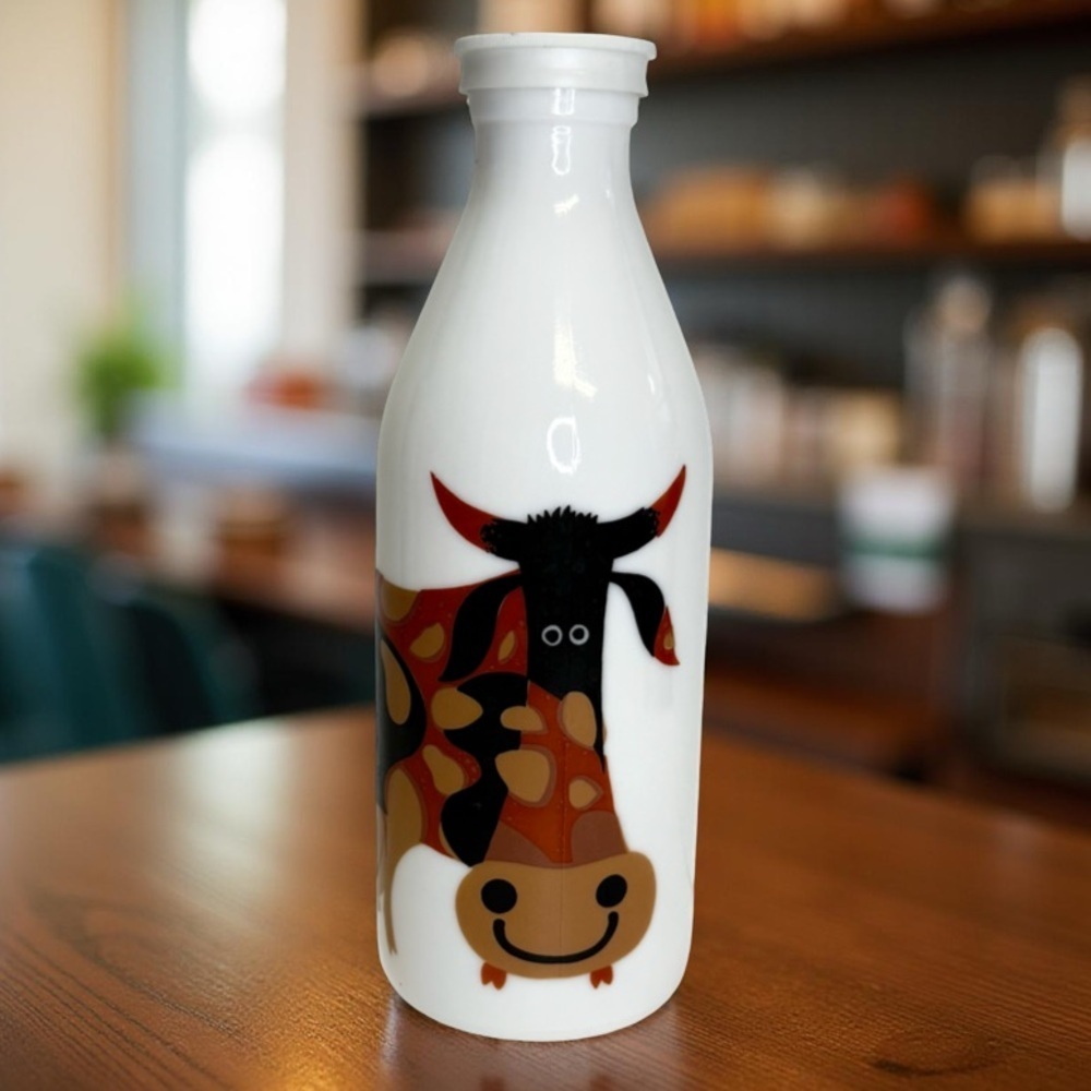 Kenneth Townsend Vintage Art Happy Cow Egizia Milk Glass Bottle 10" Vintage